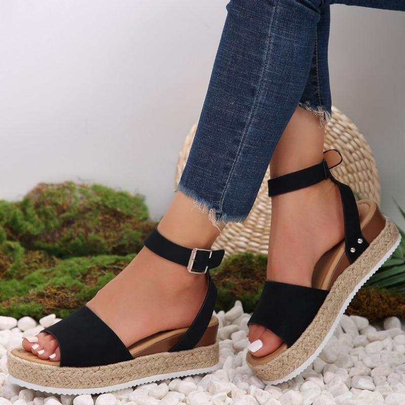 Large-sized Thick-soled Women's Shoes, One-shoulder Buckle with Wedge Heel and Light Sandals Made of Hemp Rope