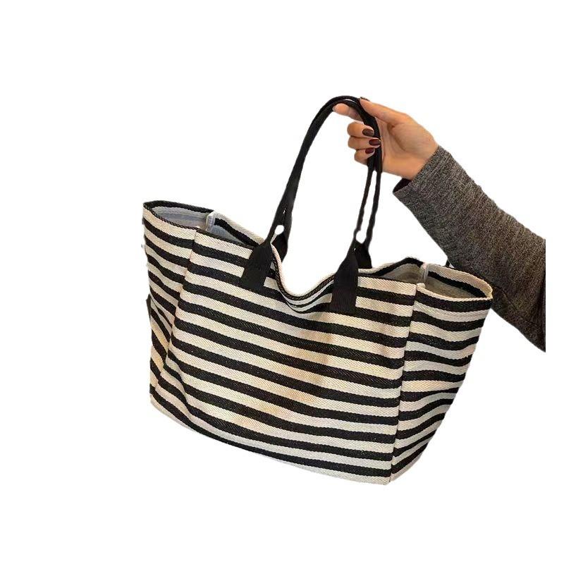 Canvas Bag Bag Female Large Capacity Tote Bag Bag 2025 New Striped One Shoulder Mommy Tote