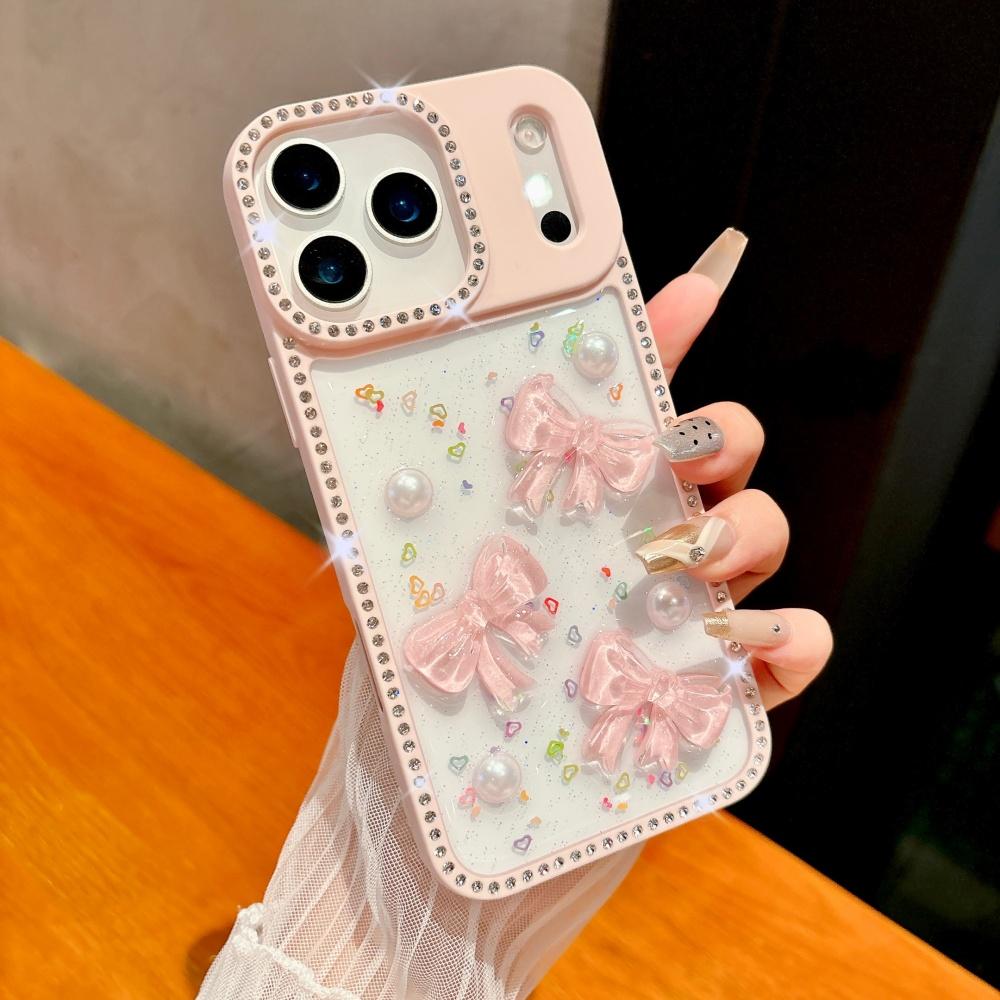 Shiny Diamond 3D Pearl Bow Phone Case For iPhone 17 AIR 16 15 14 13 Pro Max 17pro Plating TPU Epoxy Shockproof Transparent Cover