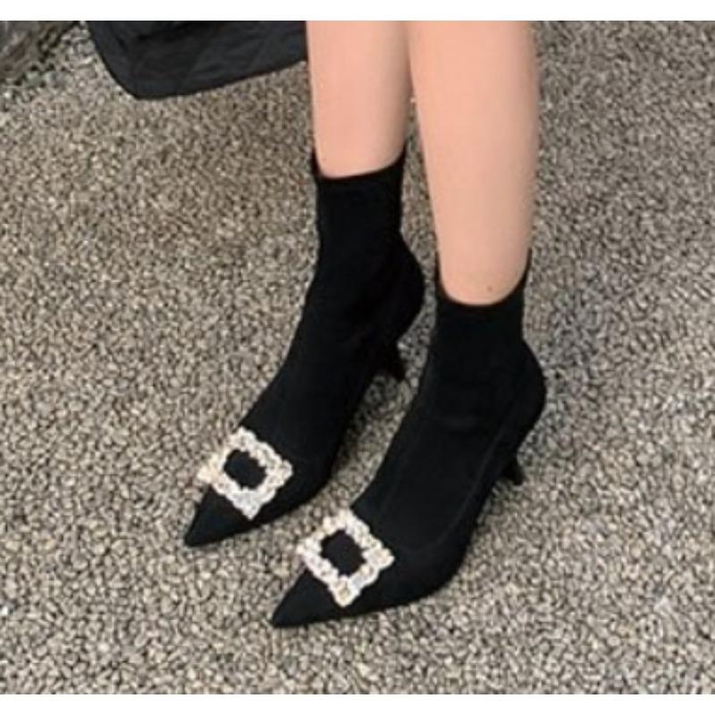 New Style Women's Metal Pointed Tip Women Boots Stilettos Heels Fashionable High-heeled Boots Suede Ladies Ankle Boots
