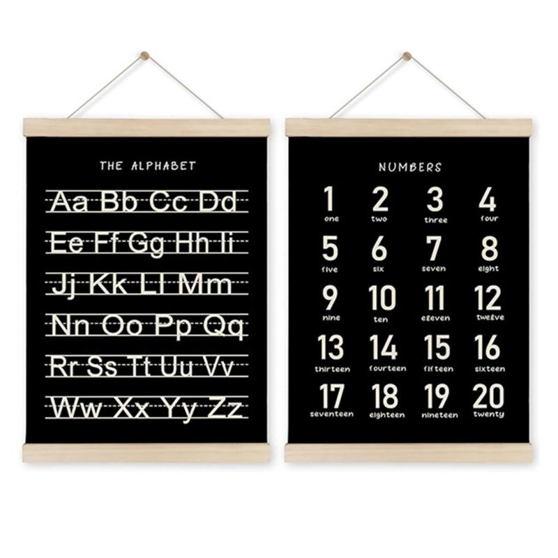 2Pieces Toddler Learning Alphabets and Number Posters with Wood Hanger Frame for Classroom and Playroom Nursery Decors