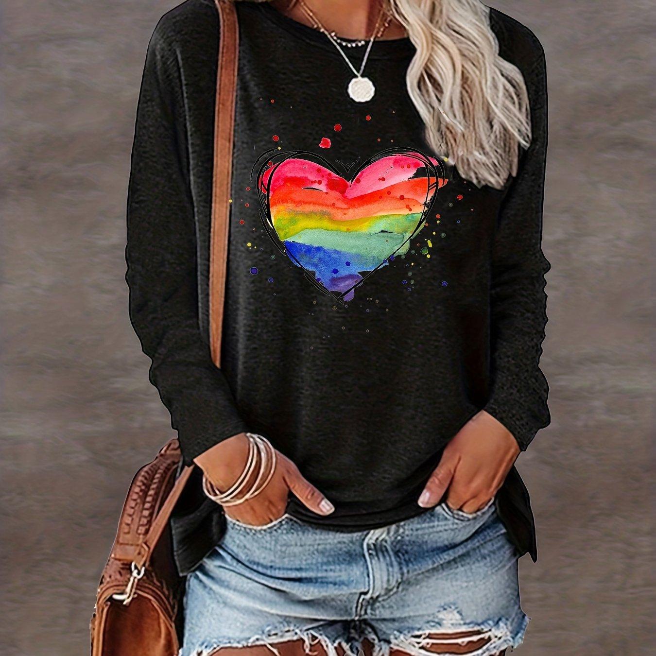 

Женская весенняя футболка с длинными рукавами и 3D принтом в радужную полоску и сердце, повседневные топы с круглым вырезом в стиле Харадзюку, женская уличная одежда 6XL