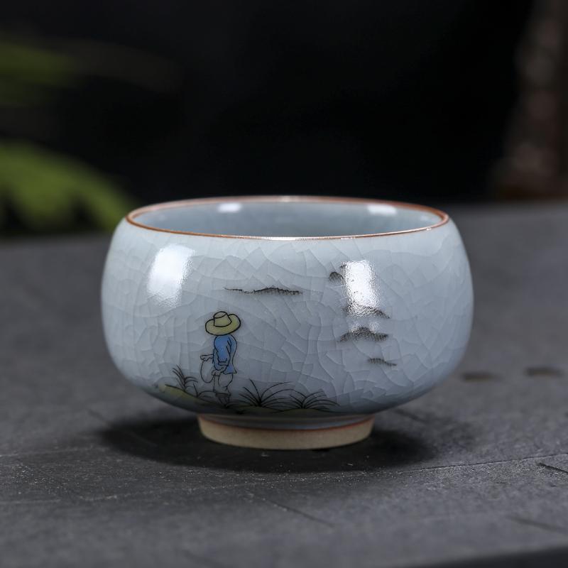 Boutique Ru Kiln Ceramic Teacup Hand Painted Flowers Meditation Cup Travel Tea Bowl Tie Guanyin Pu'er Master Cup Tea set Gifts