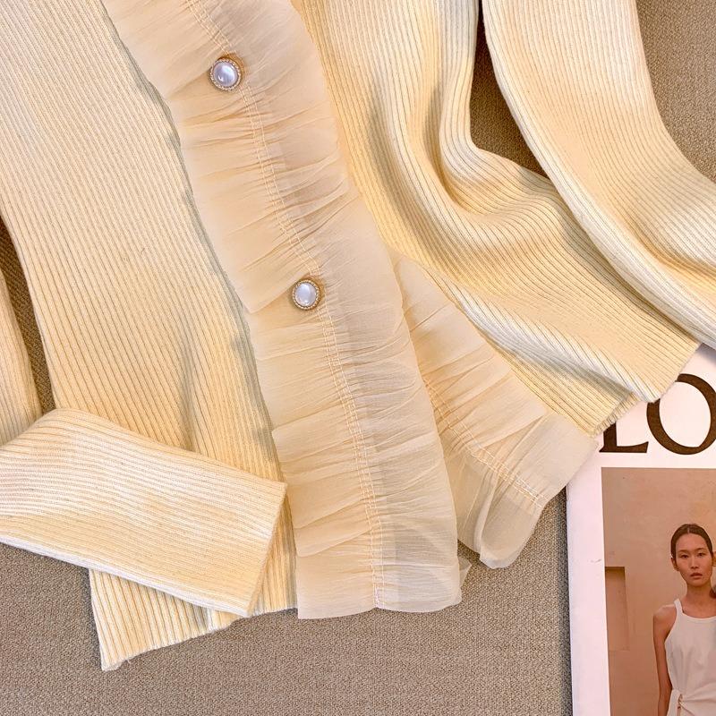 #Autumn and winter new slim-fit age-reducing splicing cardigan breasted long-sleeved knitted sweater women