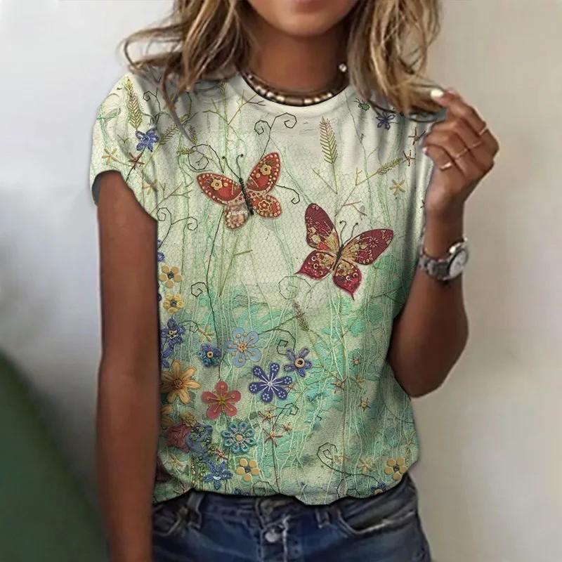 

Summer Round Neck 3D Retro Butterfly Dragonfly Flower Pattern Print Top Fashionable Casual Short Sleeved Women s T-shirts 5XL
