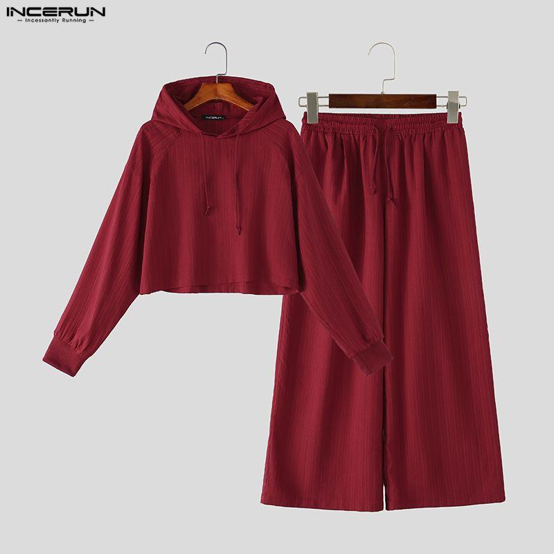 INCERUN Mens Two Piece Outfits Hoodie Cropped Pullover and Wide Leg Pants Drawstring Sets