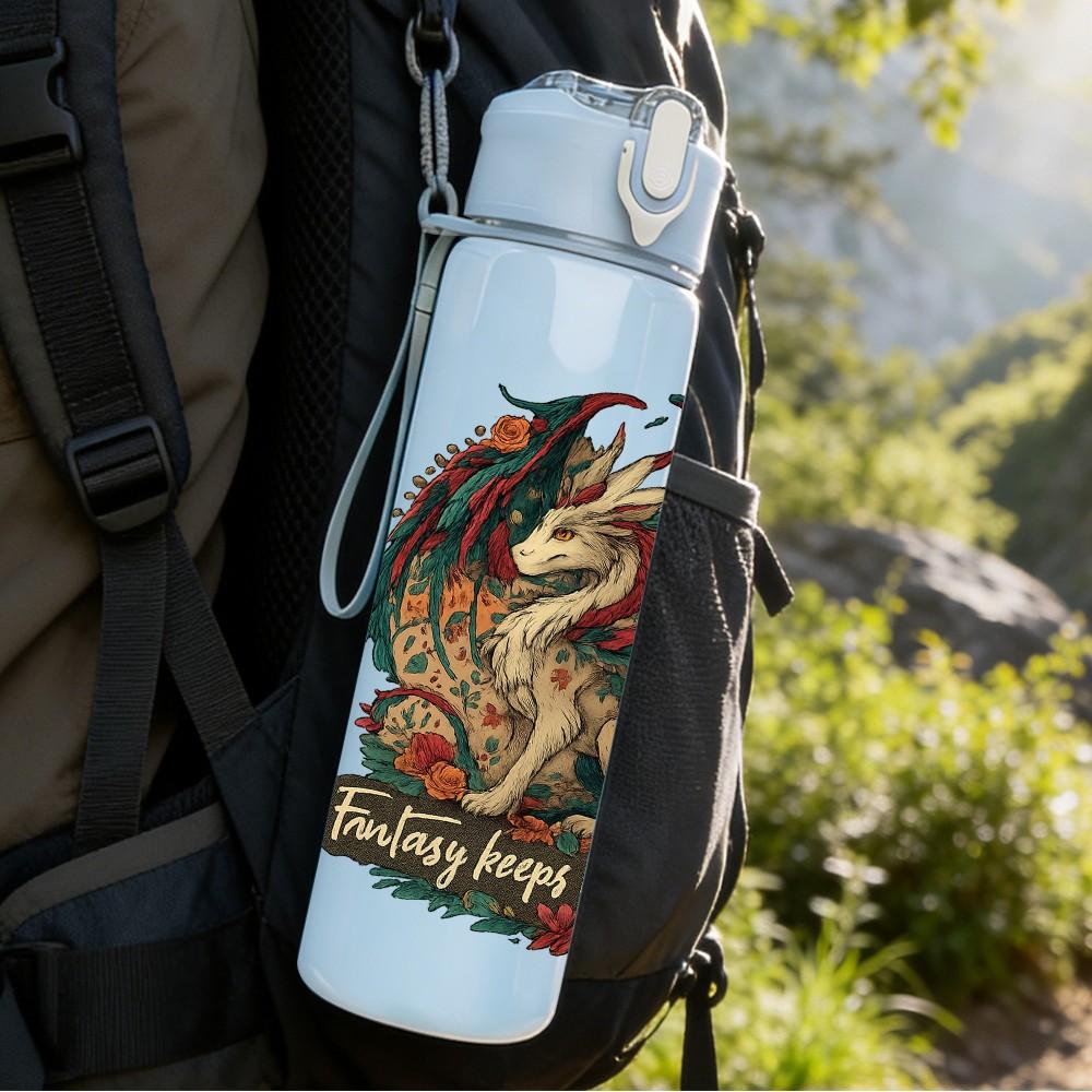 1PC Floral Circle Dragon Emblem 750ml Color Plastic Sports Water Bottle Leakproof Flip Straw Lid Suitable for Sports Office Home Use