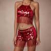 2 Deler, BH med paljettdusker, Topp med frynser, Magedansskjørt, Karneval, Klubb, Kostymer