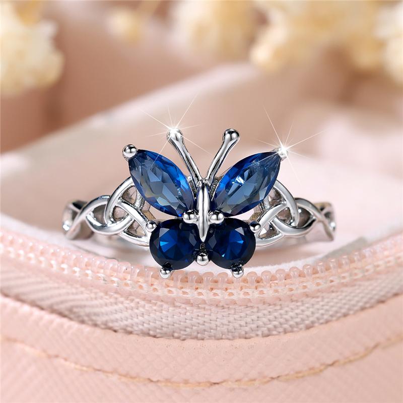Luxury Female Aqua Blue Zircon Stone Butterfly Engagement Ring Silver Color Wedding Jewelry For Women