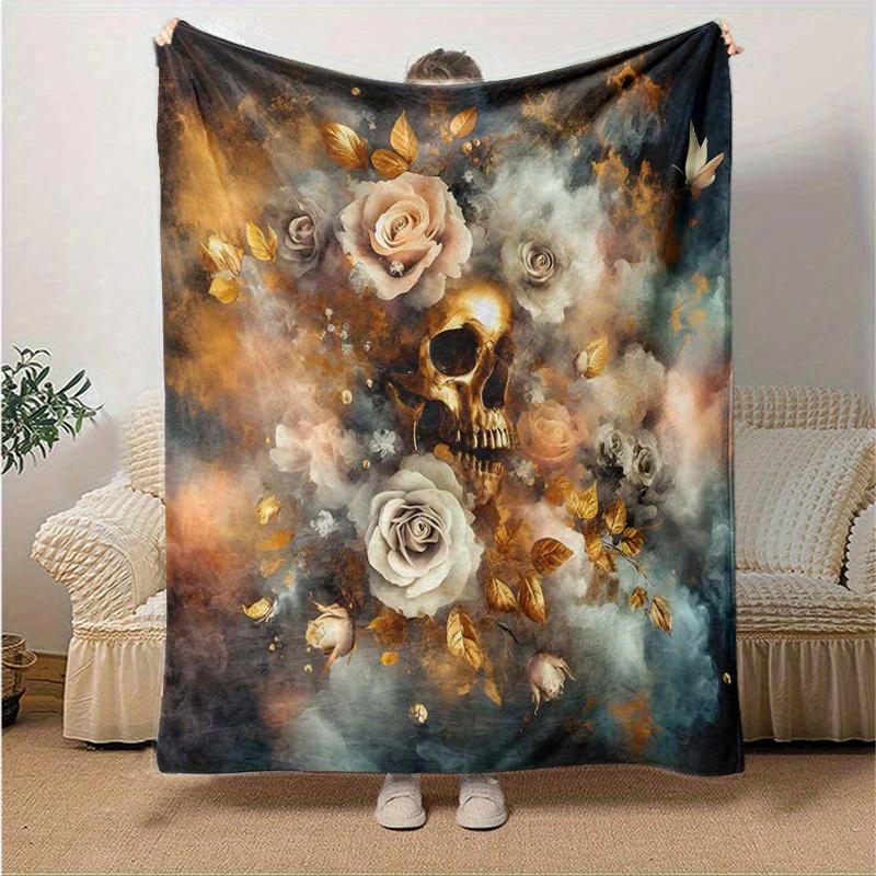 1pc Golden Skull amidst Roses Blanket,Living Room, Travel, Camping, Car Blankets