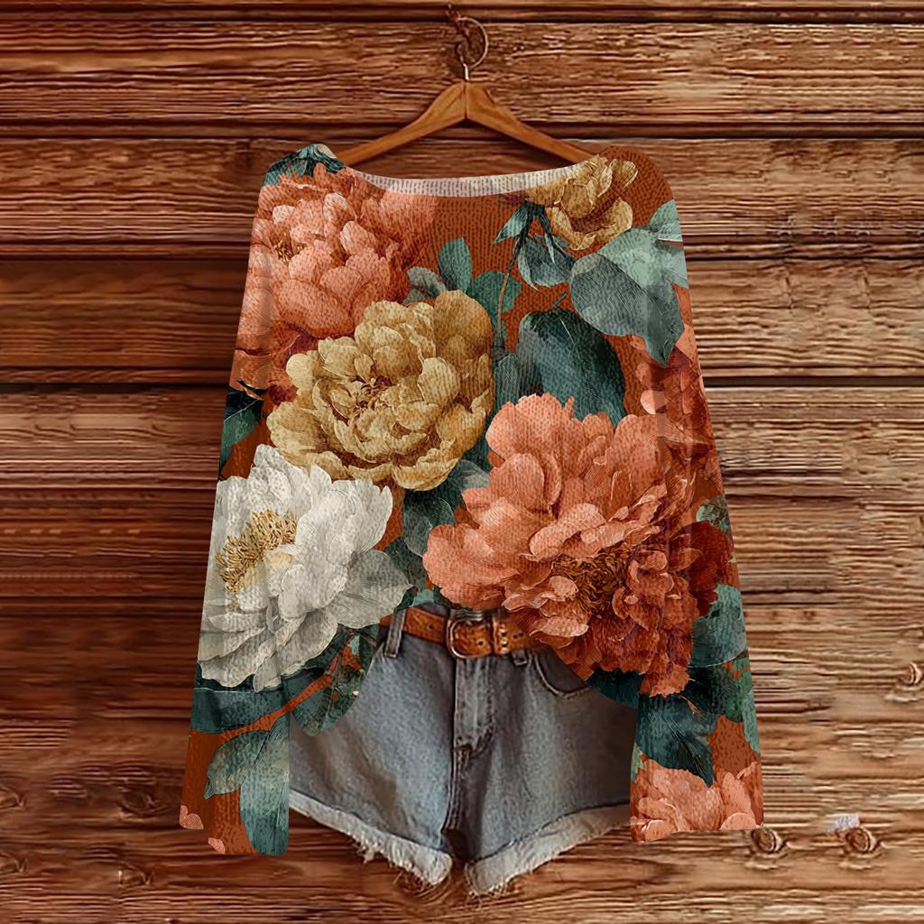 Women's Lightweight Sweater Casual Long Sleeve Knitted Vintage Floral Print Pullover