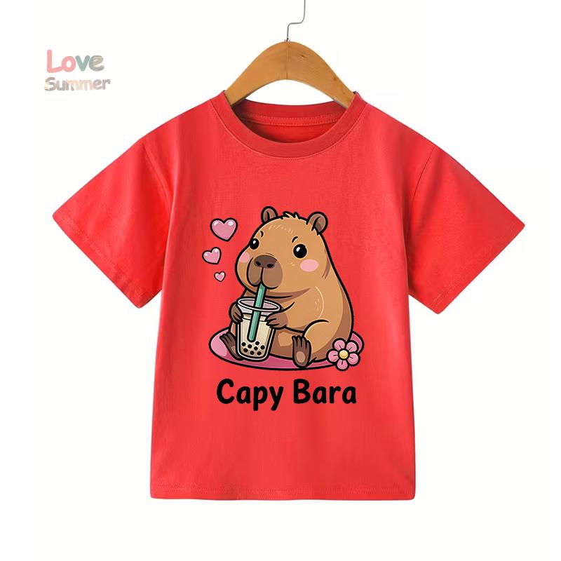 2026 Summer 4-14 Yrs Girls Casual Short-Sleeve T-Shirt Cute Capybara Design Comfortable Fabric for Everyday Outdoor Activities