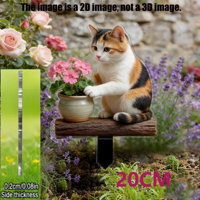 Țăruș de grădină acrilic plat 2D, semn pentru curte cu trei flori și pisică, decor drăguț de exterior pentru ghiveci, terasă, strat de flori, cadou de Paște, cadou de casă nouă