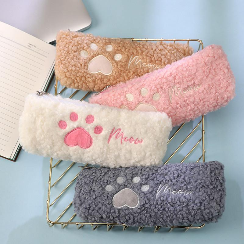 Cute Cat Paw Plush Pencil Case With Soft Material For Students And Girls