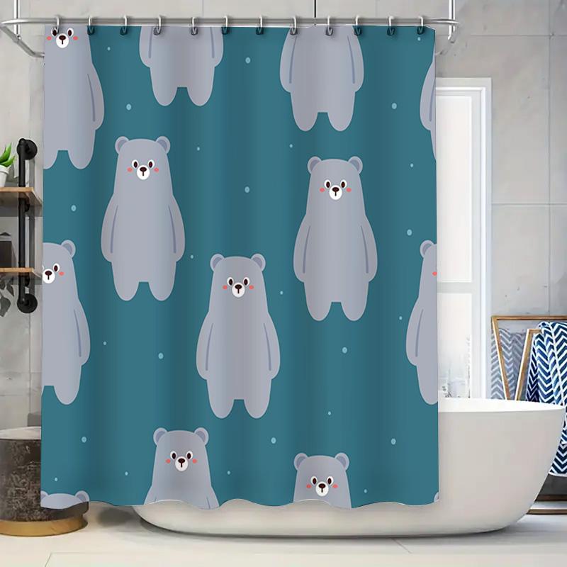 Adorable Cartoon Bears Waterproof Bath Shower Curtain Blue Color With White Bears Pattern For Bathroom Decorations In Modern Sty W60H190(CM)-1 Pcs