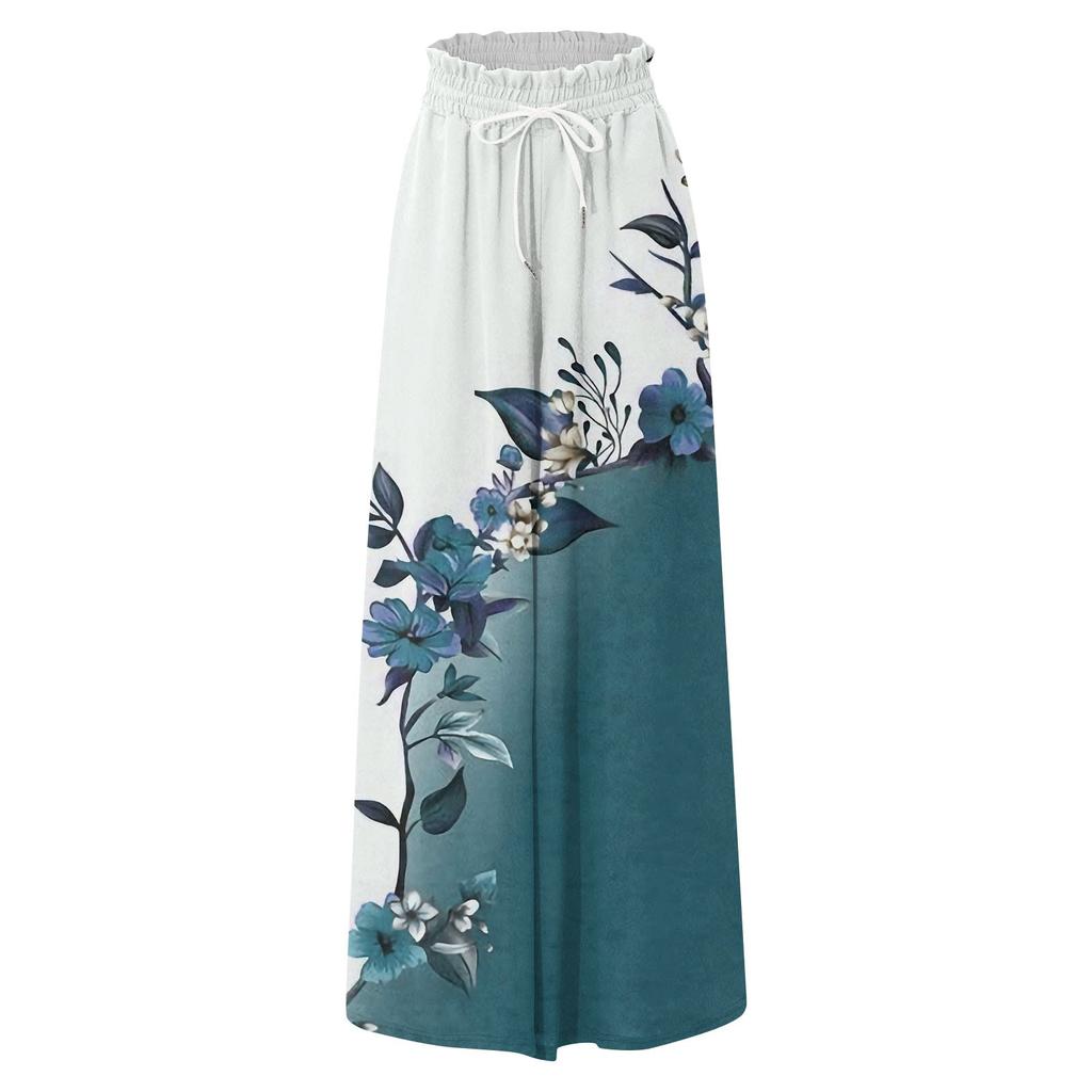 Women's Pants Boho Print Elastic High Waisted Pants Casual Wide Leg Long Pant Trousers With Pocket