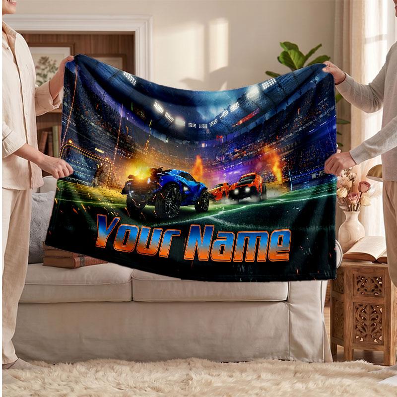 Rocket League Personalized Flannel Blanket, Custom Printed Text Name, Warm Soft Blanket For Couch Bed