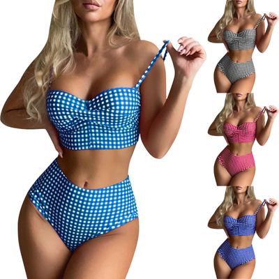 Women's Plaid Swimsuit With Chest Pad Push Up Two-Piece Swimsuit Tank Top With Panties Slim Fit Swimsuit Plaid Swimsuit