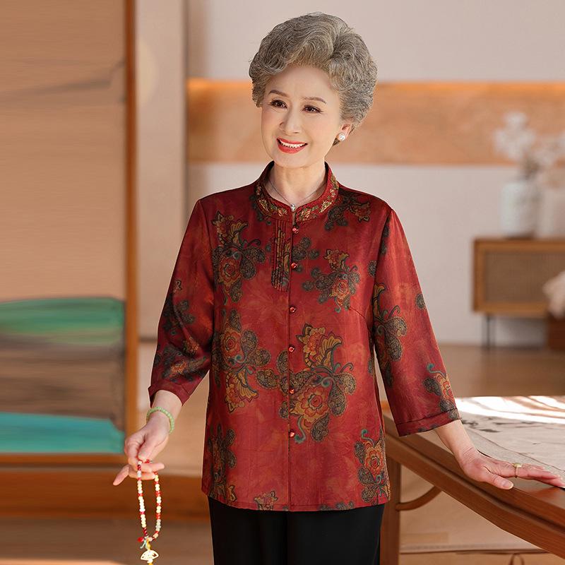 

Elegant Summer Shirts for Middle-Aged and Elderly Women - Perfect for Weddings and Special Occasions XL (for 100-110 lbs) червоний