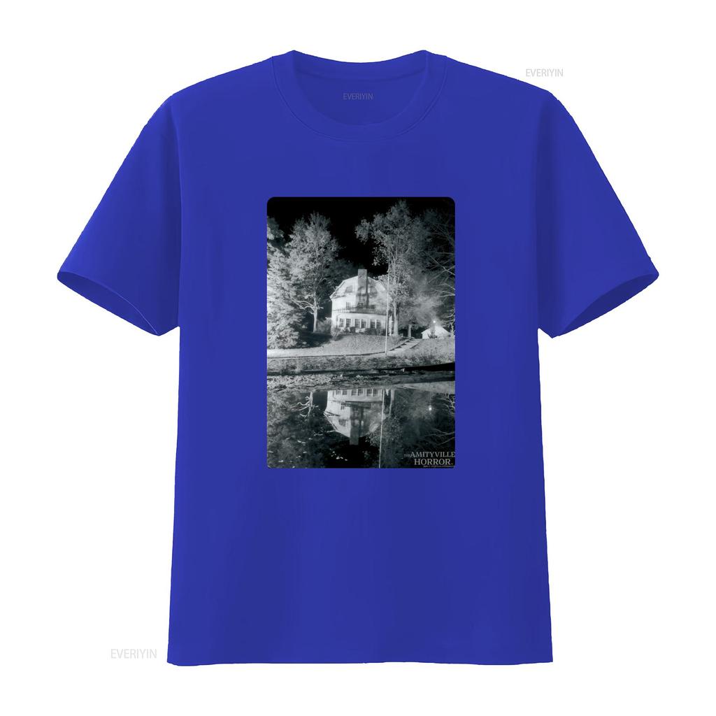 Amityville Horror Classic Black T Shirt for Adults Spooky Nighttime House Print Design Vintage Washed Unisex Designer Clothes
