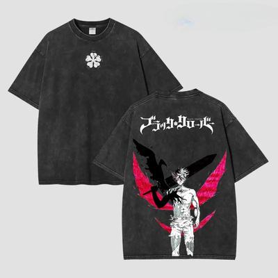 Hot Anime Black Clover Asta Print T-shirt Men Women Short Sleeve Clothing Cotton Tshirt Retro Washed T Shirt Harajuku Manga Tops
