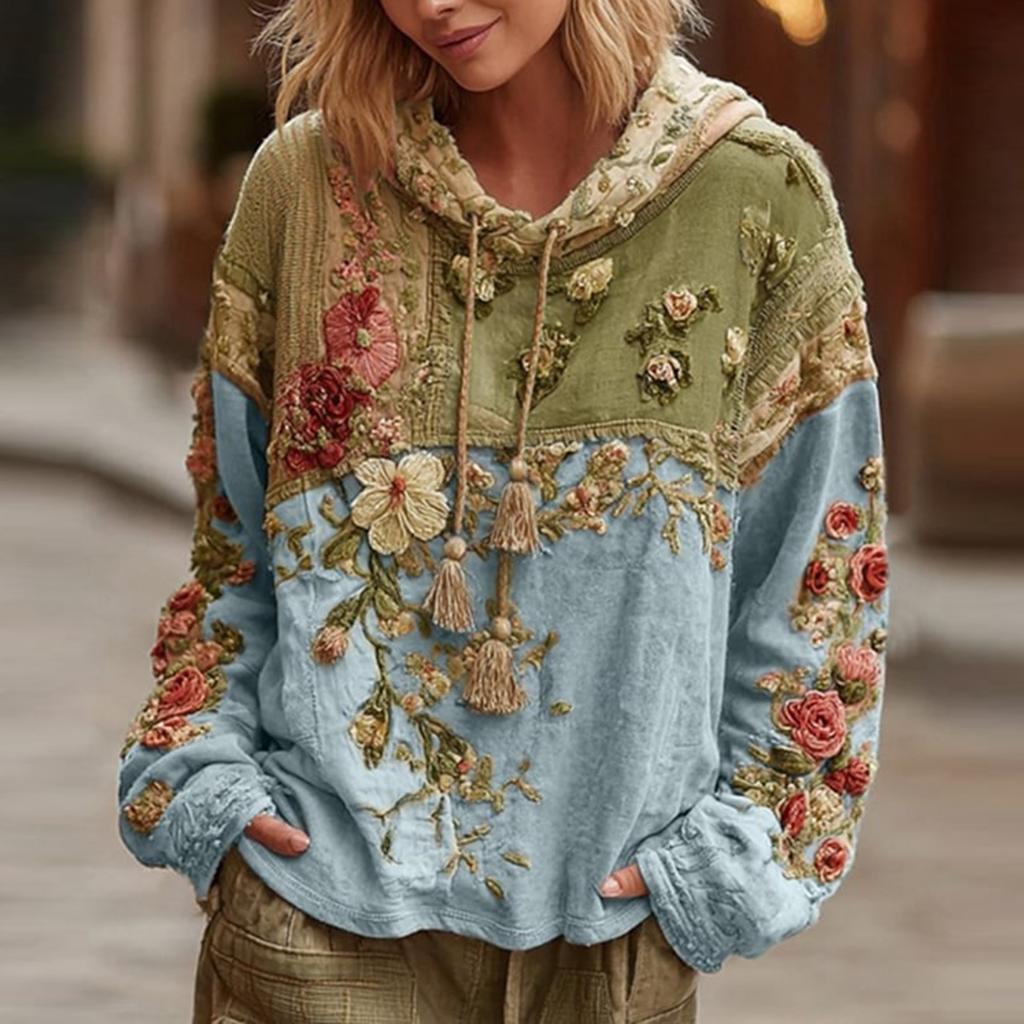 Women's Fashion Long-Sleeve Hooded Vintage  Patchwork Floral Print Casual Sweatshirt Top