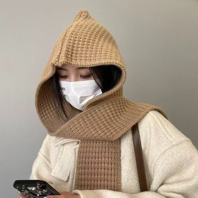 Balaclava hat women's autumn and winter thickened warm hat scarf dual-purpose integrated ear protection knitted hat