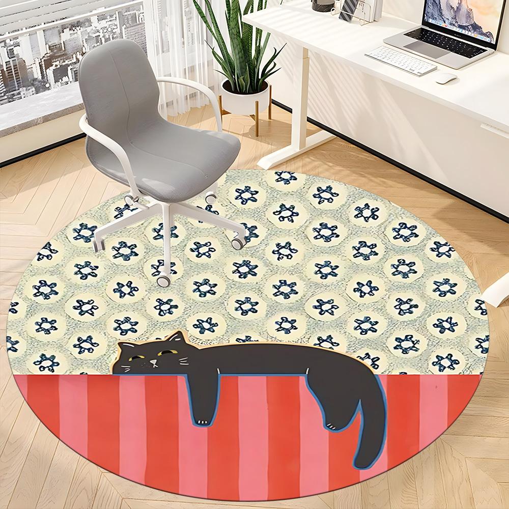 1pc Cat Floral Pattern Office Round Area Rug, Indoor Mat Suitable For Office, Under Office Chairs Bedroom Living Room Home Decor, Room Deco