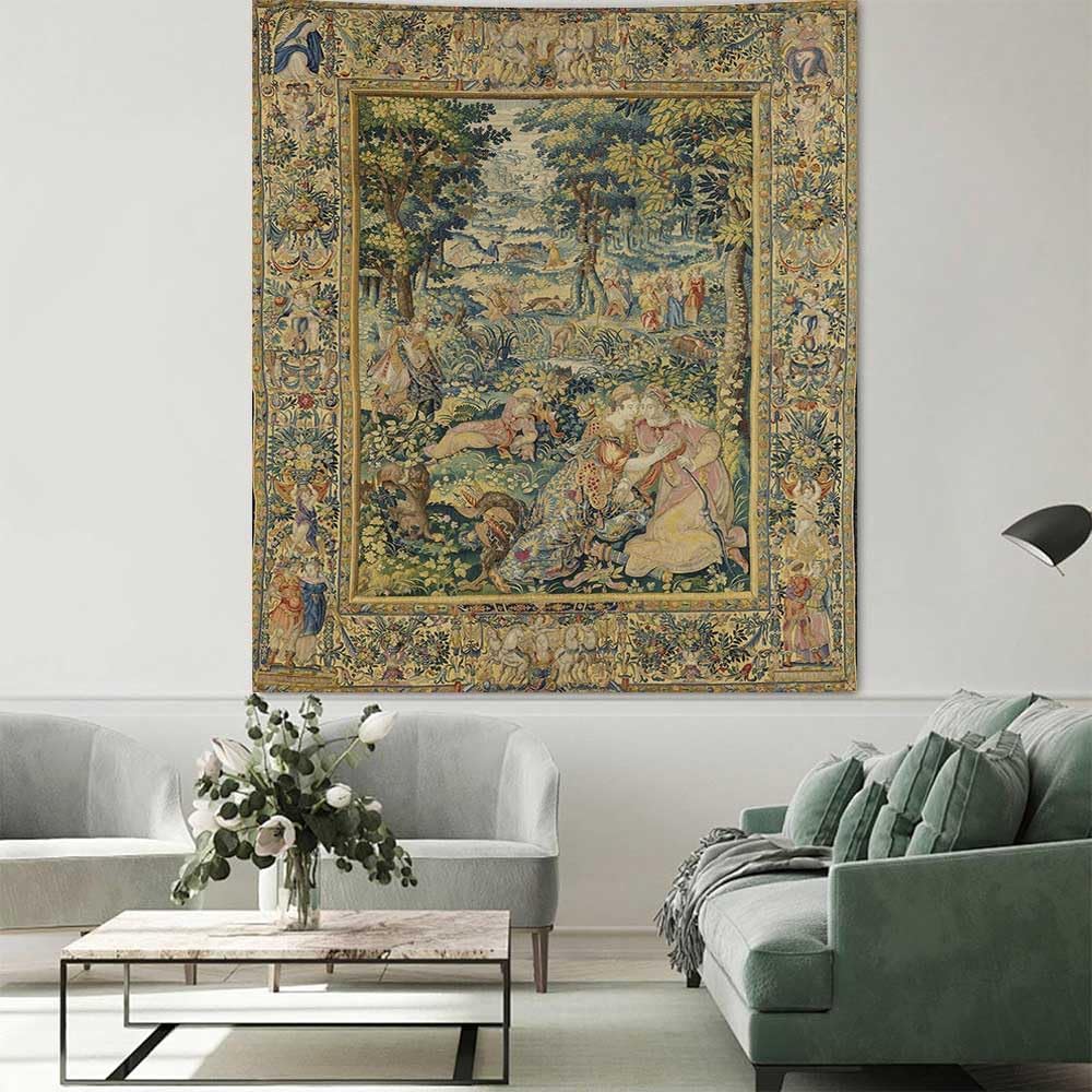 Medieval Forest Tapestry, Vintage Wall Hanging with Renaissance Style Court Scene In Lush Greenery, for Bedroom Decor