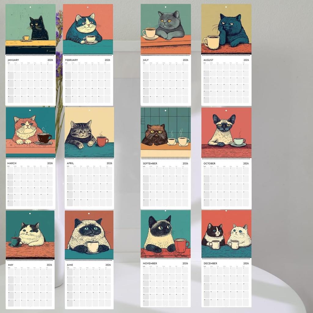 Cats Chillin' with Coffee 2026, 12 Monthly Cat Themed Calendar with Full-Color Illustrations, 2026 Cat Art Hanging Calendar, Spiral-Bound Hanging