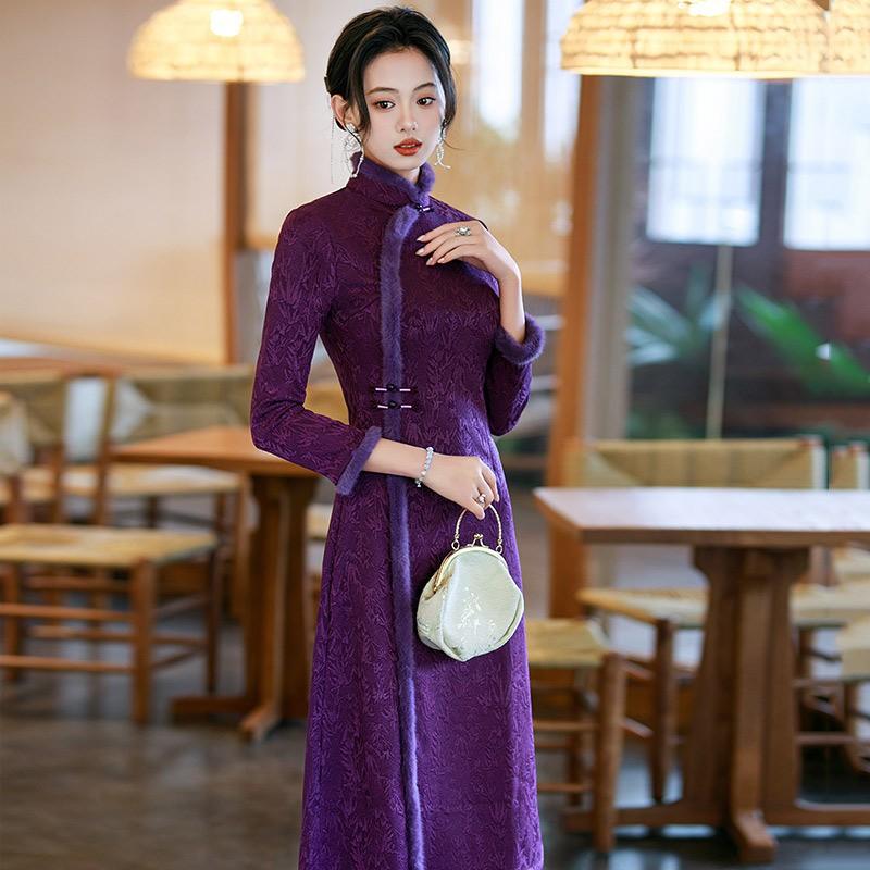 Purple Fleece-Lined Qipao Dress Winter Long Sleeve Vintage Chinese Style Womens Maxi