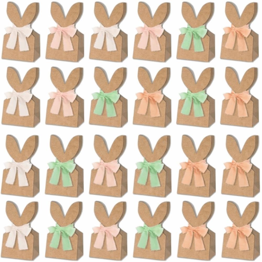 12/24 pcs Cowhide Paper Easter Gift Bags Rabbit Ears Artificial Flowers Party Favor Bags Neutral Bow Ribbon Rustic Paper