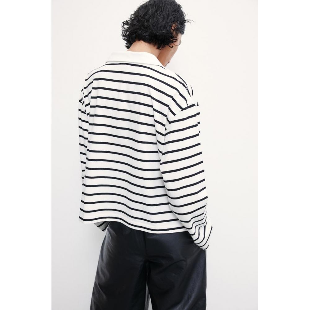 

H M oversized polo shirt white black stripe