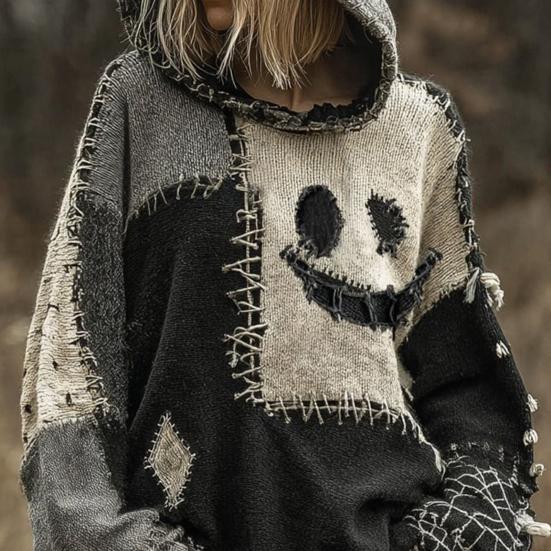 Imitation Cashmere Sweater Hooded Long Sleeve Halloween Ghost Cat Pattern Sweater Retro Print Loose Fit Distressed Knitting Hoodie