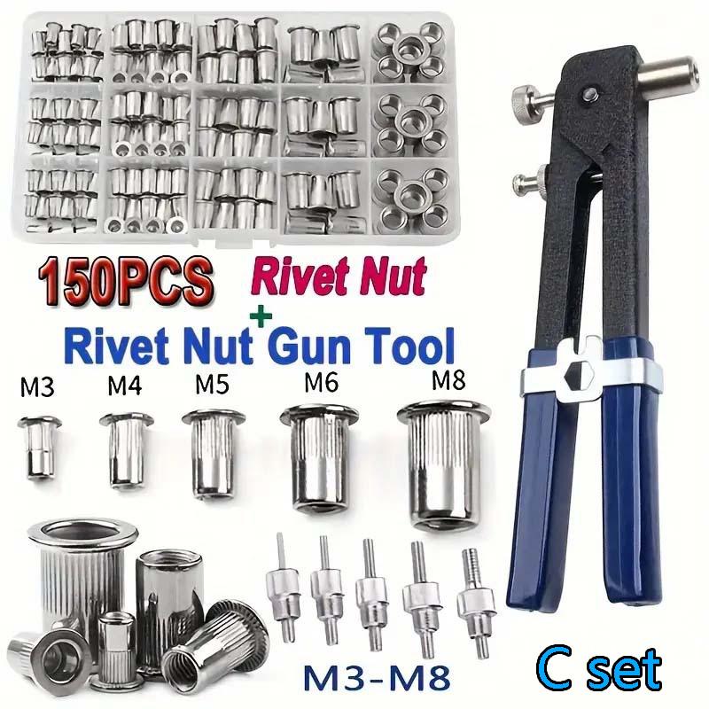 Klinkmoeren 150 STUKS Pistool Doorn Kit M3/M4/M5/M6/M8 of Moer Klinknagel Doorns Reparatiegereedschap Klinknagelpistool PlatteKop Pop Moer Klinknagelpistool Set