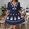 Spot 2026 European and American Cross-border Fashion V-neck Printed Dress Waist Fungus Edge Cuffs A-shaped Skirt Vacation Commute