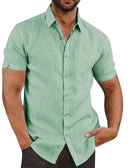 

Summer Lapel Solid Color Short Sleeve Button Men s Linen Shirt Men s Clothing 4XL