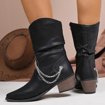 Mode Vintage Spitzzehen High Heel Western Cowboy Stiefel Damen 2025 Winter Komfort Seitlicher Reißverschluss Stiefeletten Metallkette Designer Schuhe