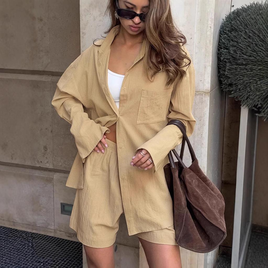 European and American minimalist casual khaki cotton-linen set, women's 1116 summer design shirt and shorts two-piece set