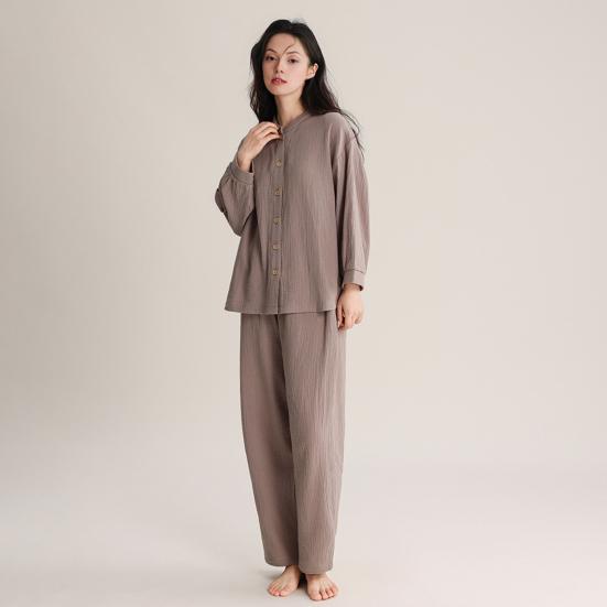 Women's Cotton Pajama Set Button Down Long Sleeve Top And Long Pants Loungewear Set Casual 2 Piece Sleepwear