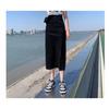 Qooth Casual Women Black Denim Skirt Side Slits Asymmetrical Bodycon Mid Length Slim Simple Skirt QT2652