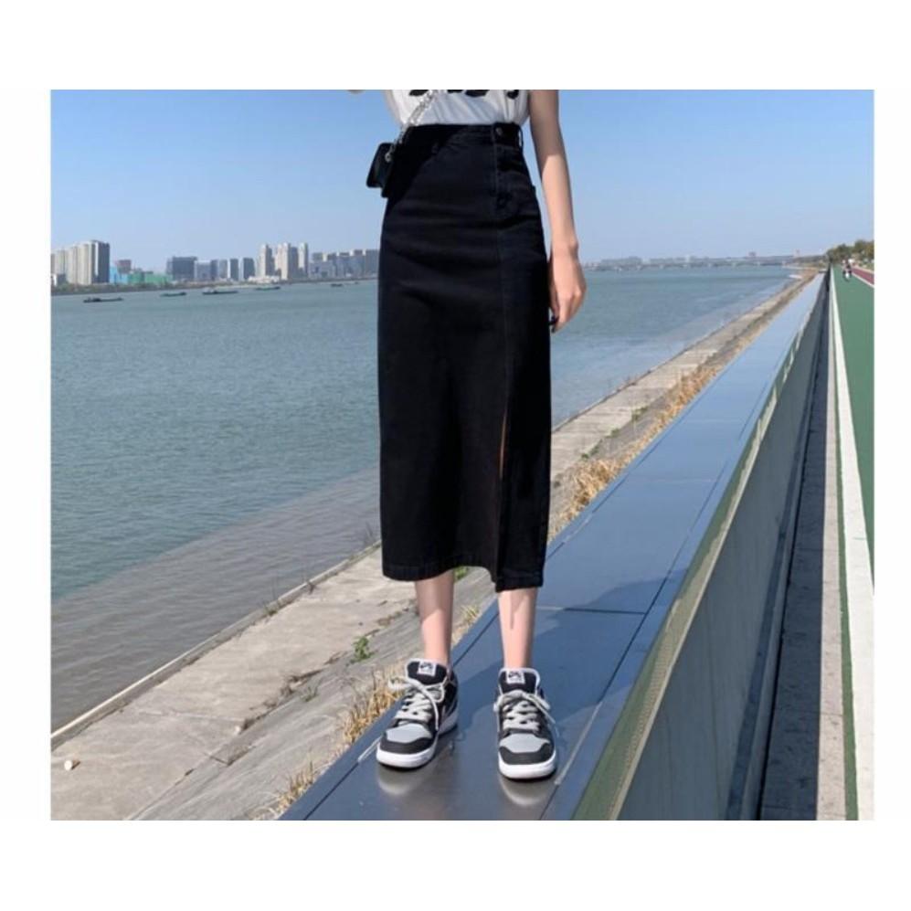 Qooth Casual Women Black Denim Skirt Side Slits Asymmetrical Bodycon Mid Length Slim Simple Skirt QT2652