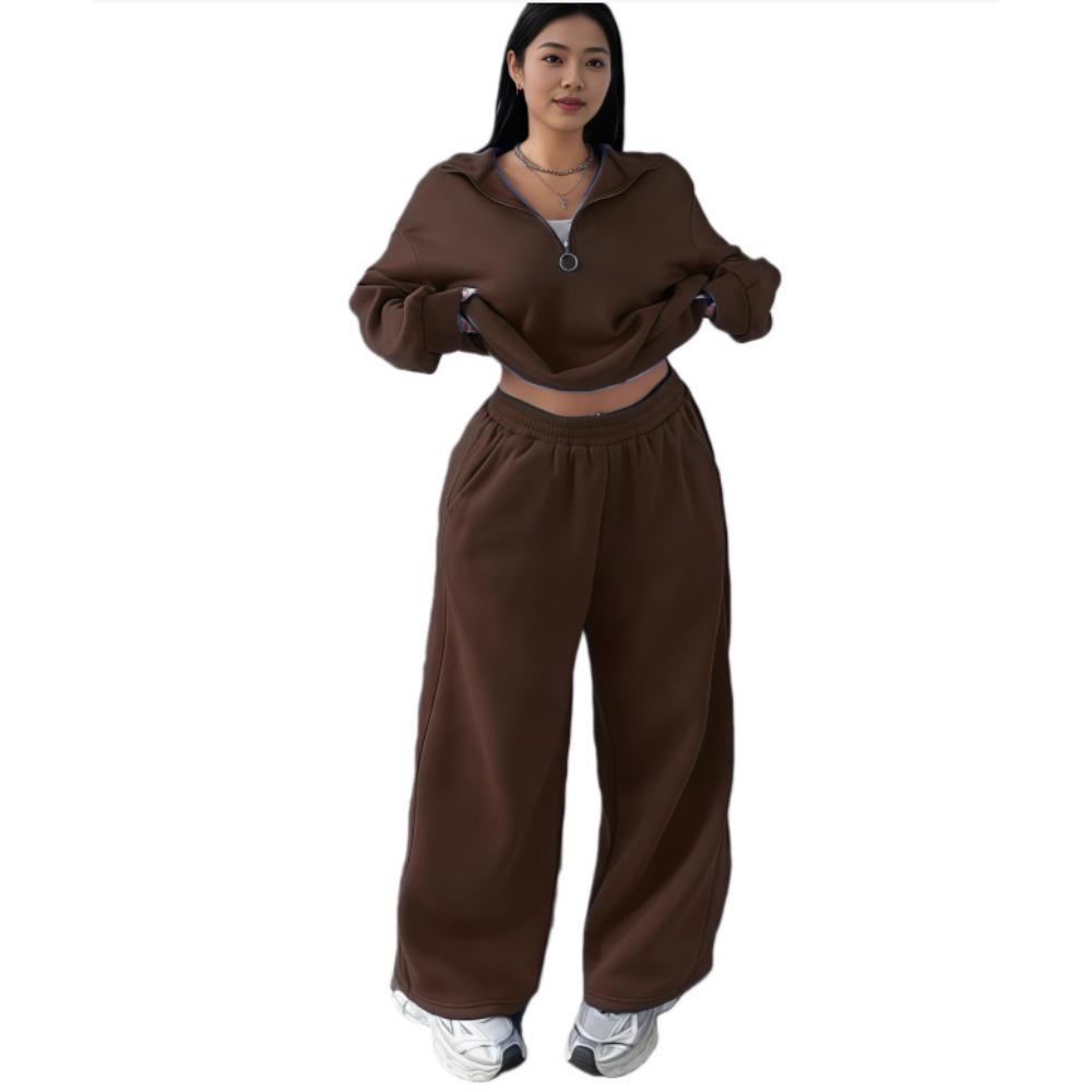 

Casual Women s Wear, Fashionable Semi-opening Pullover Hoodie and Long Pants Two-piece Set, Casual Autumn and Winter Style M кавовий