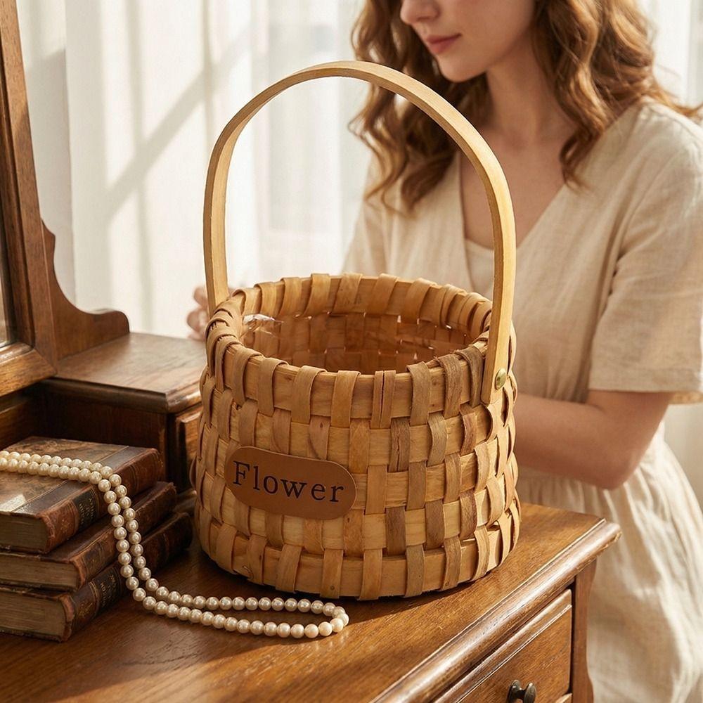 with Handle Handwoven Flower Basket Rustic Style Organizer Basket Practical Storage Basket  Picnic