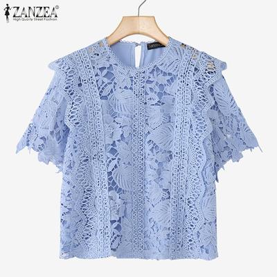 Woimen Casual Round Neck Summer Short Sleeve Patchwork Crochet Blouse