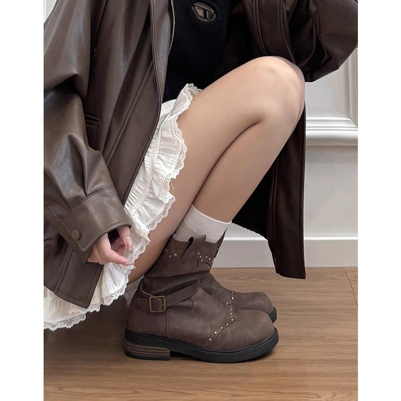 Sheepskin~ Genuine Leather British Style Retro Rivet Martin Boots Women's Western Cowboy Boots Short Boots Medium Knight Boots