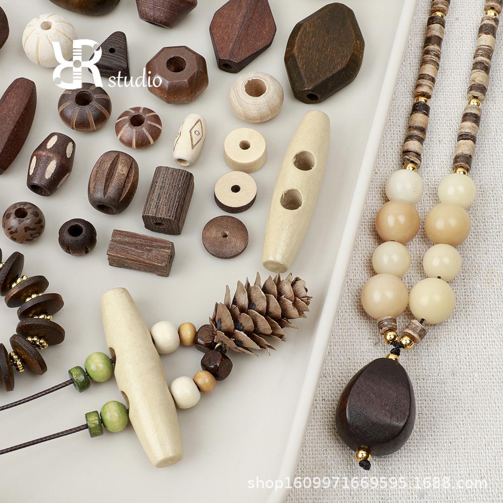 Retro Wooden Beaded DIY Jewelry Kit: Handmade Necklace & Earring Materials with Geometric Shapes