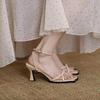 Fashion 2025 Summer Narrow Band Heel Sandals Women Thick Heel 7 CM Ankle Strap Fashion Square Toe Ladies Dress Sandalias Women's shoes