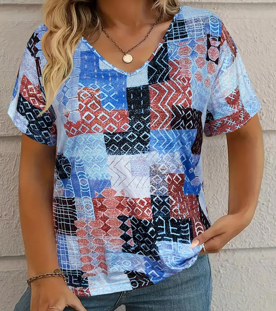 S-8XL Plus Size T-shirt for Women's Summer Leisure Simple V-neck Plaid Short Sleeve Top Loose Casual Ladies T-shirt Pullover