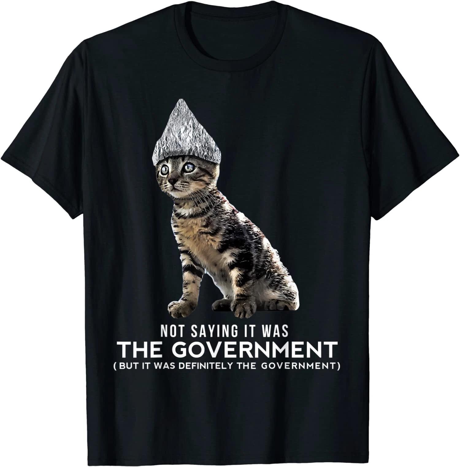 Funny Conspiracy Cat Tin Foil Hat Government T-Shirt S